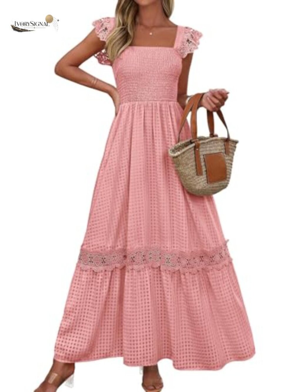 Smocked Maxi Dress Ruffle Cap Sleeve Square Neck Lace Detail Flowy Sundress